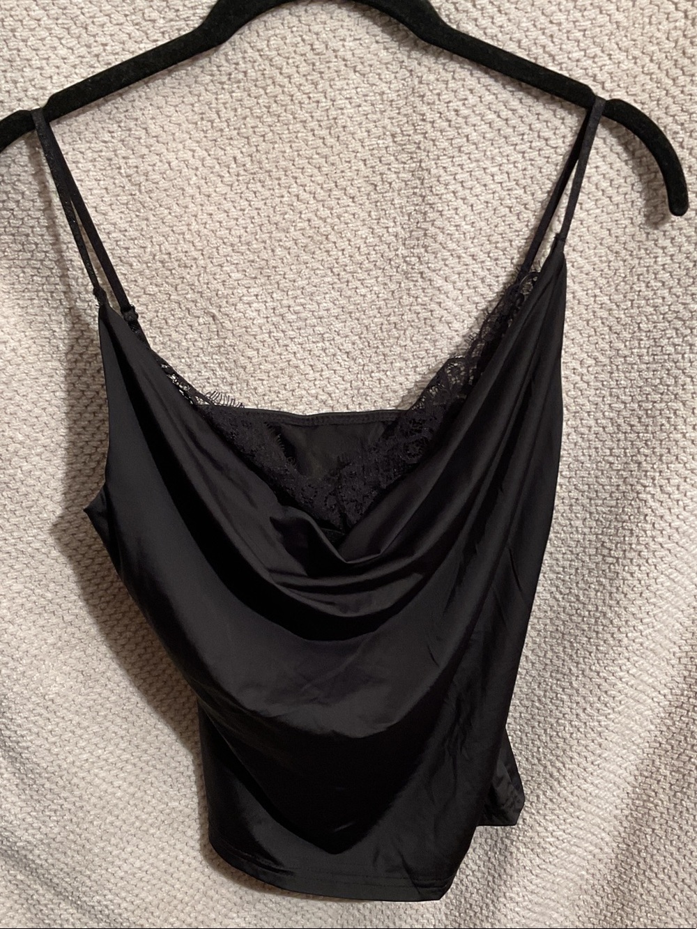 Black Lace-Trim Insert Satin Cowl Neck Camisole